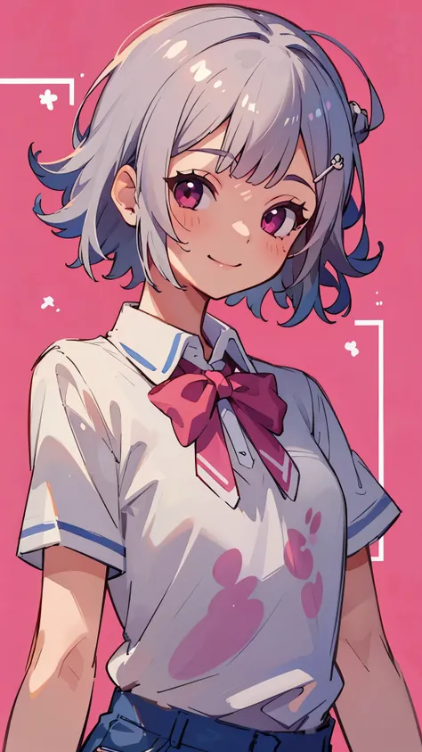  1 girl、Anime Drawings、 silver short hair and bob hair、 hair clip、 pink eyes、 white blouse shirt、smile、 super high leg cut micro denim shorts with 、 upper body closeup、 pink background floating on dahlias 