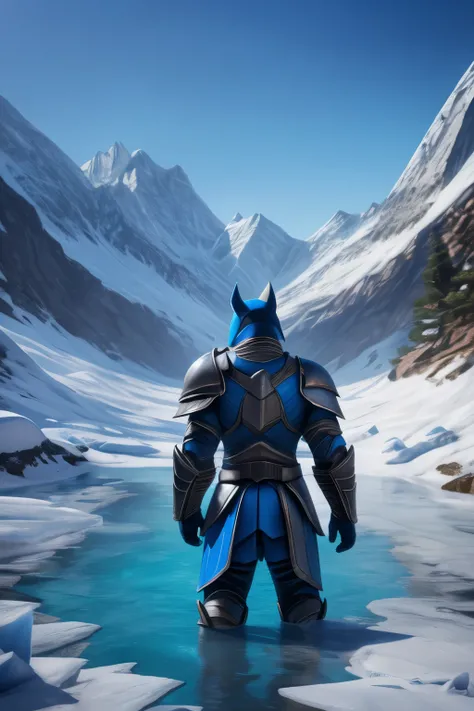 Masterpiece, best quality, (highly detailed raw photo:1.2), 8k render in octane, volumetric lighting, volumetric shadows portrait of a man in a blue costume with a mask, ((full body view)), (armor reflexions:1.2), attack posture surrounded by ice, mountain...