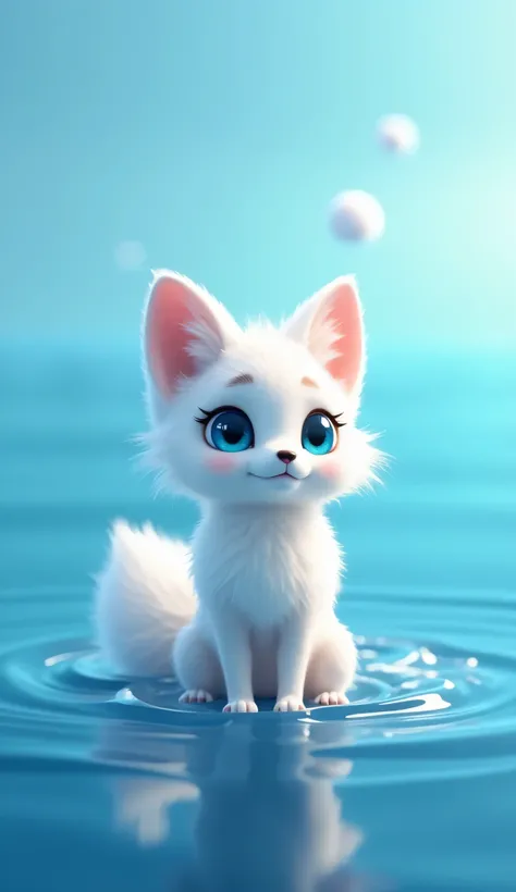 Beautiful little fluffy fox(blue eyes. white colour)are sitting in the sea in 3D animation 