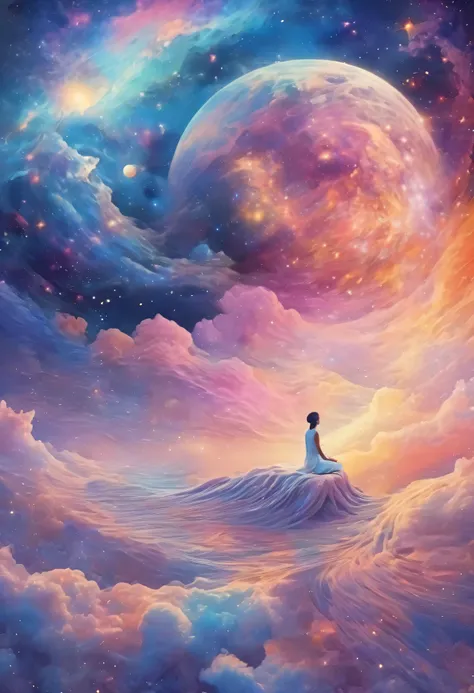 Woman Dreaming in a Beautiful Galaxy , Soft, Surreal Colors .,( highest quality ,4k, High resolution:1.2), super detailed,impressionist style,starry skies, dreamy atmosphere ,soft moonlight, Space Pattern , peaceful atmosphere , Subtle changes ,Sublime be...