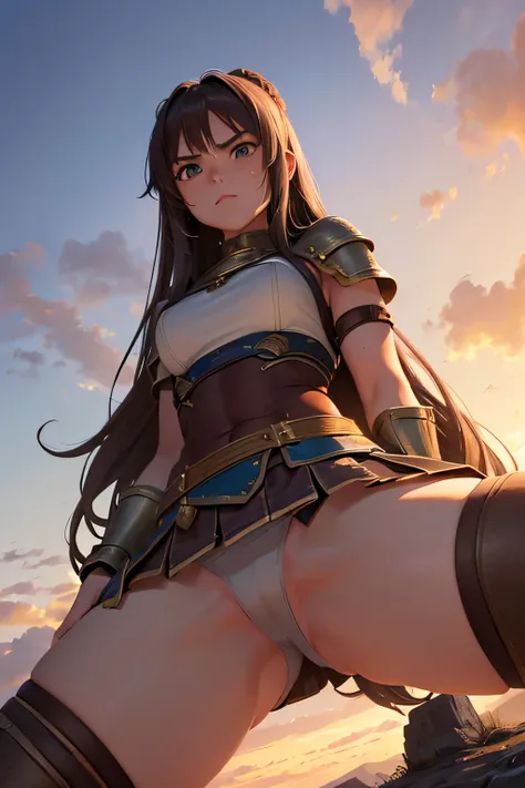 muscularity,(insolence),Female warrior,Long brown hair in a single bun.,(cloth armor),desolate mountain,in a fantasy setting,strong wind, sweat,serious expression,(((mini skirt))),(panty shot),(((photo taken from below)),(((spread legs)))