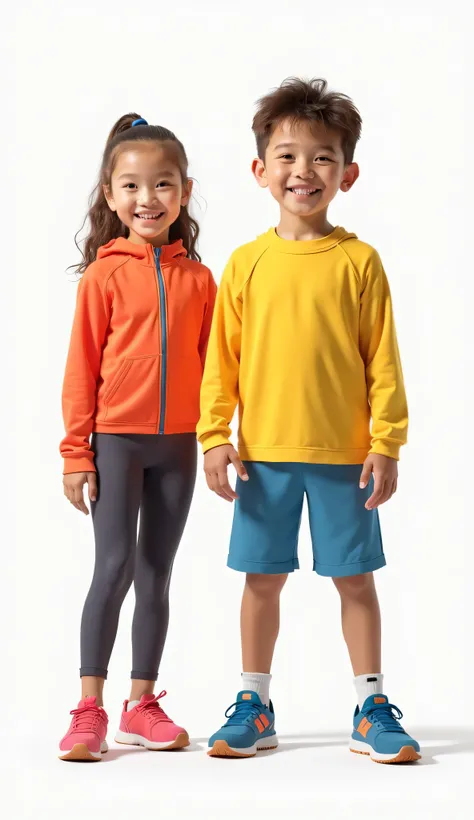 HAPPY BOY AND GIRL OF  FULL BODY SPORTSWEAR LOOKING AT THE FRONT ON A WHITE BACKGROUND