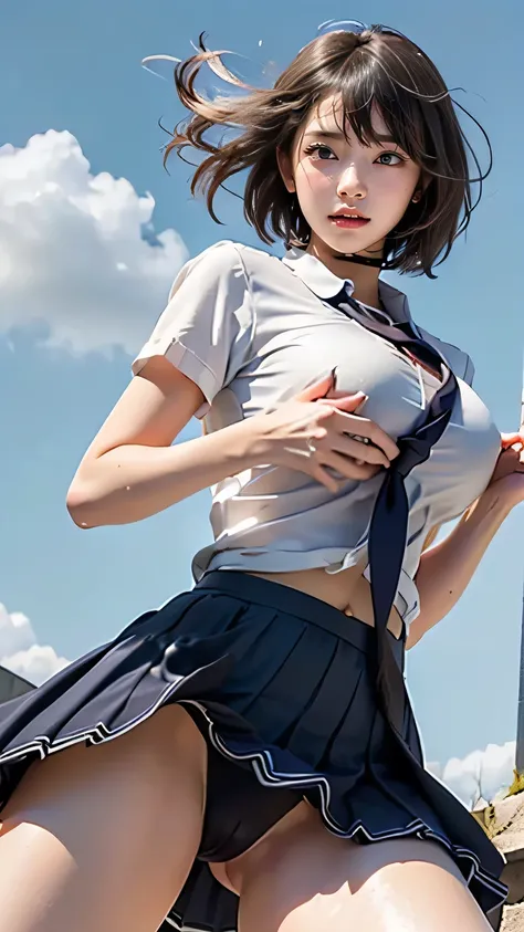 (((  Top Quality  ))), ((Masterpiece)), (   Details),(((race venue background ))),((((((bbbalti , short hair, ahoge, french braid, black choker, school uniform, black necktie, cleavage, white shirt, short sleeves, cardigan around waist, pleated skirt, blac...