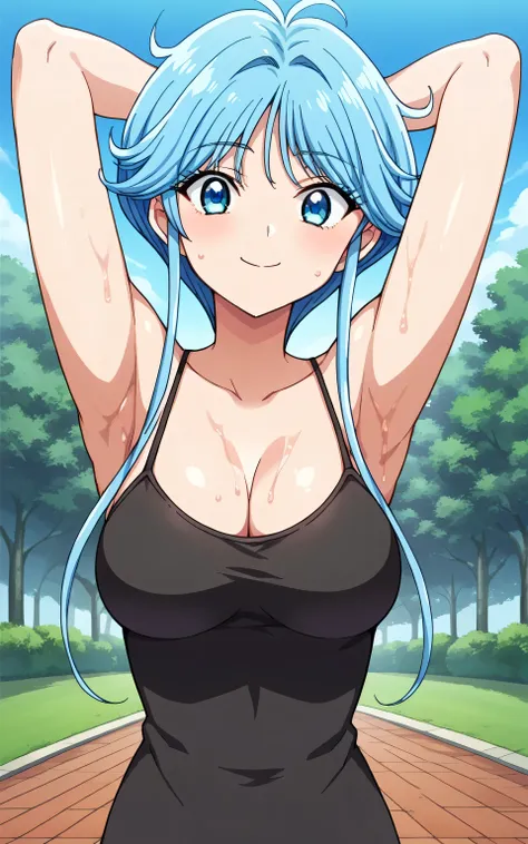 score_9, score_8_up, score_7_up, source_anime, anime screencap, 1girl, solo, yukime, light-blue hair, blue eyes, short hair with long locks, medium breasts, black tank top, spaghetti straps, sleeveless, arms behind head, armpits, head towards viewer, looki...