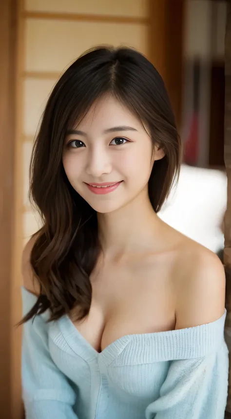 masterpiece,best quality,(Japanese girl),((Beautiful girl)),cleavage,(off shoulder:1.2),(perfect body beauty:1.2),(shy smile),From slightly above