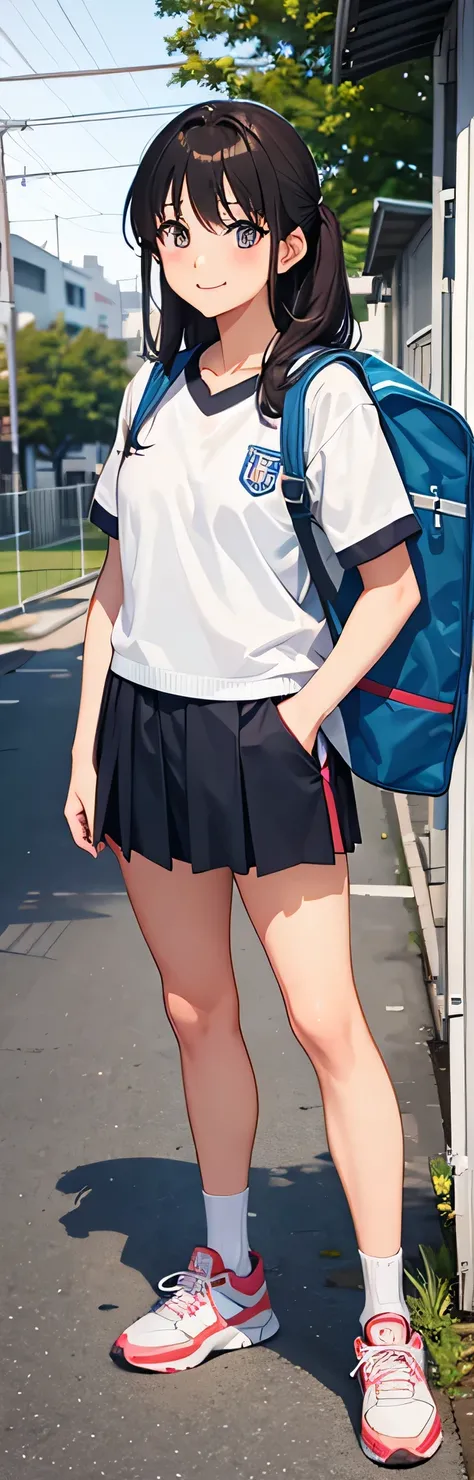 Momoko Koikubo,  Mr. ,  is standing in the school yard with a smile。Gym clothes, high definition。