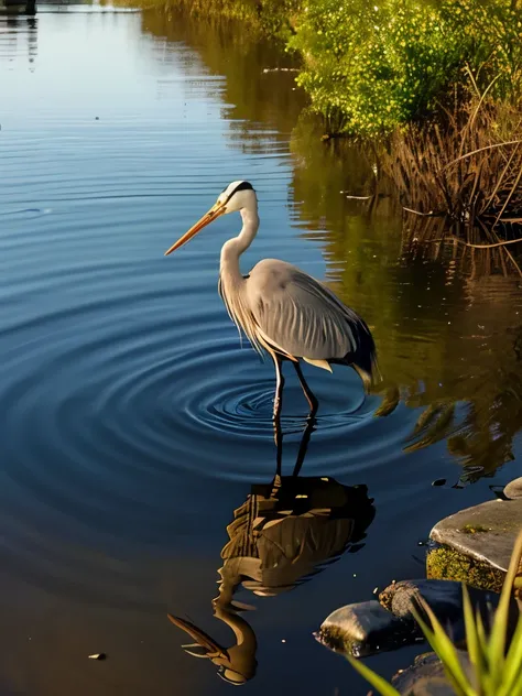 there is a bird that is standing in the water, a picture by Richard Gruelle, flickr, hurufiyya, heron, water reflection!!!!!, heron prestorn, very reflective, blue reflections, beautiful shot, serene expression, great pinterest photo, by greg rutkowski, na...