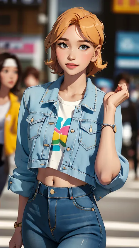 (masterpiece, best quality), beautiful woman, cute printed cropped shirt, jacket, jeans, short wavy hair, headband, asymmetrical bangs, perfect face, beautiful face, alluring, big gorgeous eyes, soft smile, perfect slim fit body, city streets, seoul, brigh...