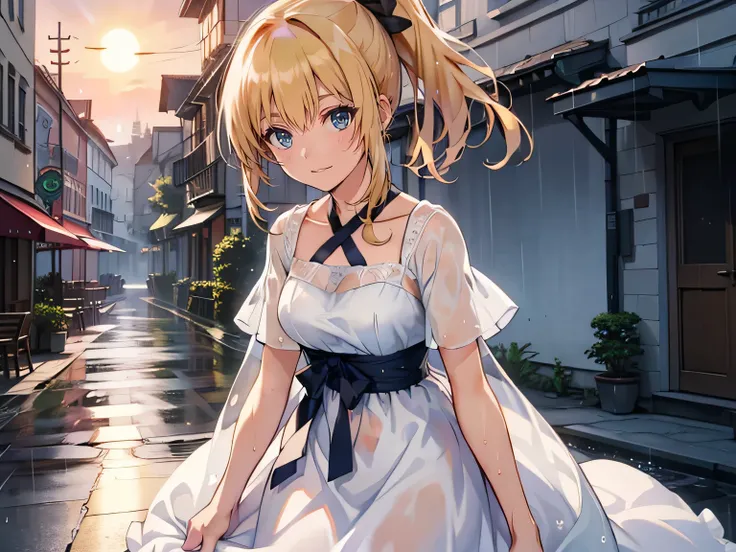   blonde　   ponytail　  green eyes　 white dress　  bright  　smile　rain　 the sun shines 　Townscape　Close your eyes on the hill 　 smiles　pray　dream　  1 girl,   high resolution,  blonde,   Very Long Hair , rain, wet top quality , hope,No ribbon