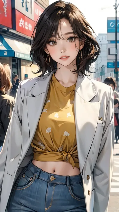 (masterpiece, best quality), beautiful woman, cute printed cropped shirt, jacket, jeans, short wavy hair, headband, asymmetrical bangs, perfect face, beautiful face, alluring, big gorgeous eyes, soft smile, perfect slim fit body, city streets, seoul, brigh...