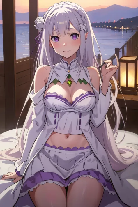  Emilia Li :zero, Light purple hair, white crown blade , Purple ribbons in the hair , white flowers with hair ,  white dress ,  hair ornament ,  purple eyes,  the center of the eye is light green, long hair,  Medium Boobs , Elf,  1 girl, Alone, (Masterpiec...