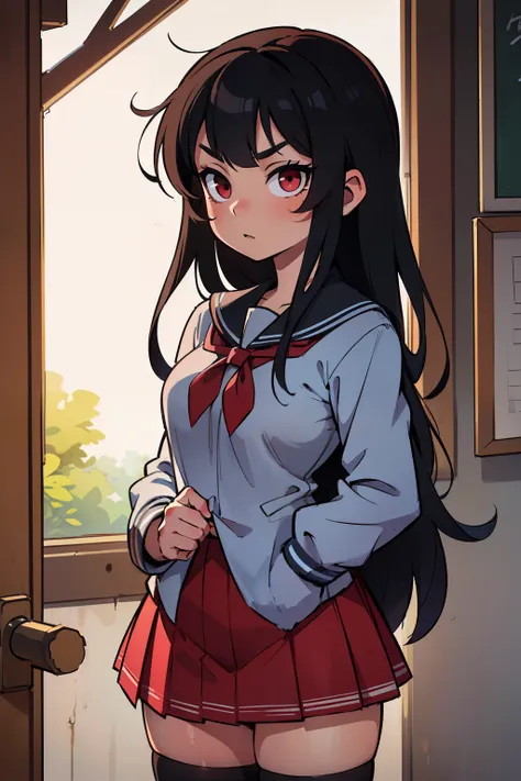 ( high school girl uniform:1.5)、Alone, 8k, masterpiece, beautiful, best quality, exquisite, extremely detailed, ultra-detailed, ultra-detailed, ultra-detailed, ultra-detailed highres, insanely detailed,  1girl , , big eyes, long hair, black hair, red eyes,