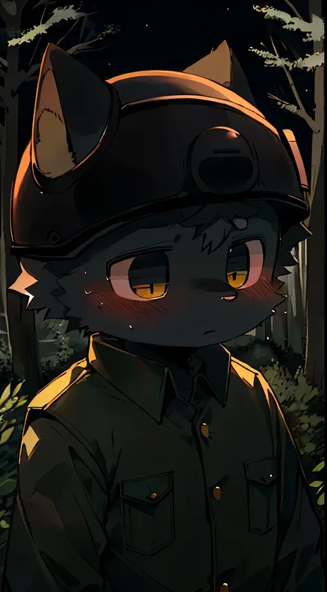 Siamese cat, kemono, furry ,cute, shota, young, military uniform, forest, big_trees, urgent, tired, sad, dark forest, high_angle, sweat, helmet, night, ears black, black around the nose, 