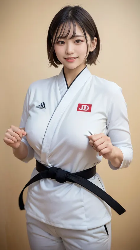  best quality ,masterpiece, super high definition,High-definition RAW color photo, bathed in gentle sunlight, professional photography, natural skin texture , fine skin, hyperrealism , smiles,big breasts, dark blonde short bob hair,(Judo athlete, white jud...