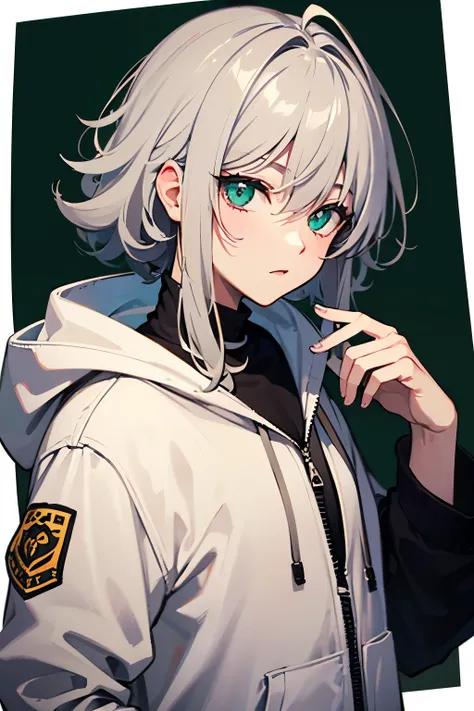 male　Gray Hair　 Emerald Eyes　 loose fluffy perm　The line of sight is this　 white hoodie　Green accent color　Neutral　 facing the front　Commentator 　People only