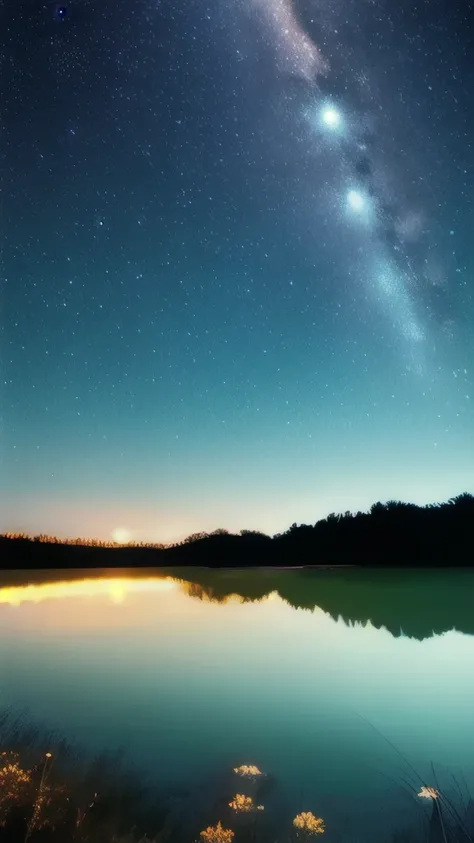 arafed image of a lake with a lot of water and a lot of stars, during a meteor storm, meteor shower, stars reflecting on the water, golden meteors, raining at night, fireflies!!!!, meteors falling, star rain, dark glowing rain, magical sparkling lake, fire...