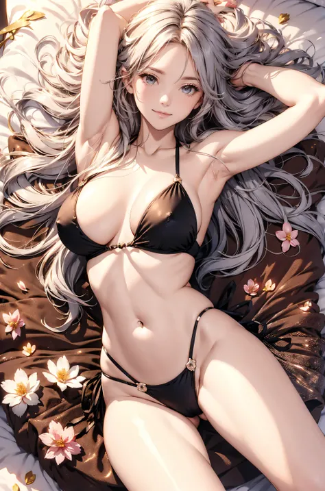  best quality 　 mysterious in another dimension、 sleeping on your back in bed  、(Dutch angle!  sleeping on your back2.0！ ) ERO 1 WOMAN cute smile！smile!  gentle gaze , Beautiful eyes 、、 chest 130 beautiful constriction 、waist lineセクシー strongest 、 Beautiful...