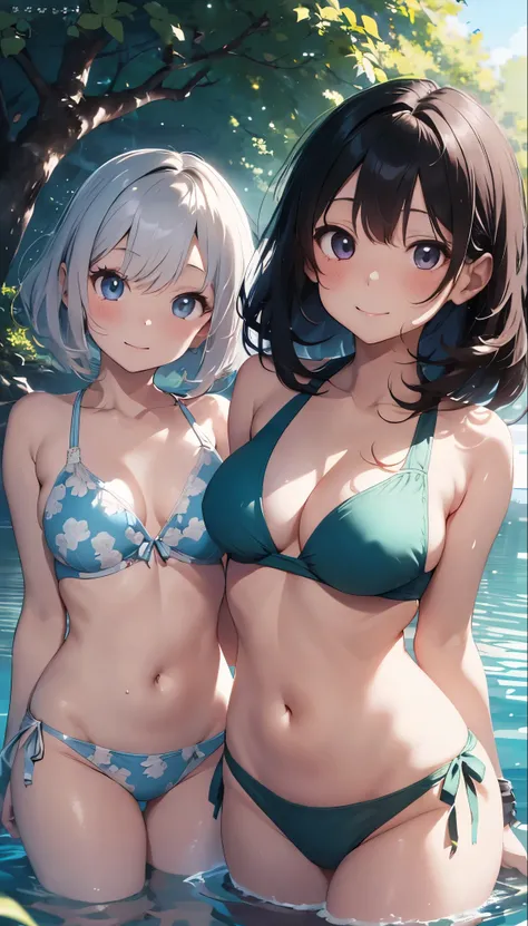  2 people ､ 2 people 、  two beautiful anime-style girls    、  two beautiful anime-style girls    、  two beautiful anime-style girls    、   up to the background is clearly expressed   。   The first girl has long black hair with fluffy curls   、  The sexy ye...