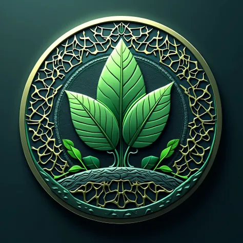 "Create a futuristic coin design for a cryptocurrency named EcoLoom with ticker $LOOMY. The coin should have an intricate, interconnected pattern symbolizing blockchain technology, resembling woven threads or a network. Incorporate nature elements like lea...