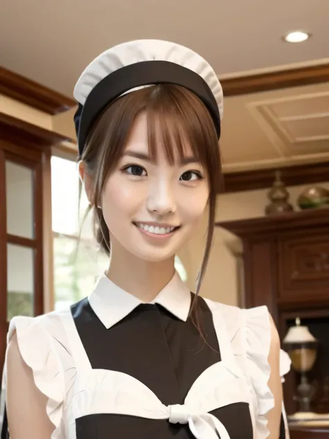 Depict a 20-year-old, very beautiful woman in a luxurious mansion room. She is dressed in a classic black-and-white maid outfit with a short hem and wearing a white brim cap. Her expression is confident, and she is smiling warmly. The setting includes eleg...