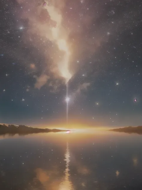 arafed image of a lake with a lot of water and a lot of stars, a matte painting by Jon Coffelt, flickr, conceptual art, during a meteor storm, meteor shower, stars reflecting on the water, golden meteors, raining at night, fireflies!!!!, meteors falling, s...