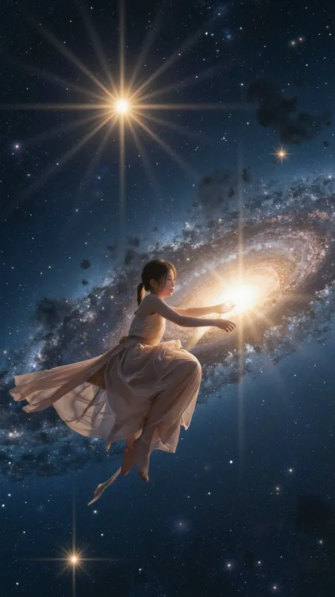  A young girl is riding a shining star ,  Her figure is illuminated by shining light 、 flying through the vast space of twinkling constellations .  Her hair is the wind ,  and her dress shines in the color of the night sky ,  merging brilliantly with the g...