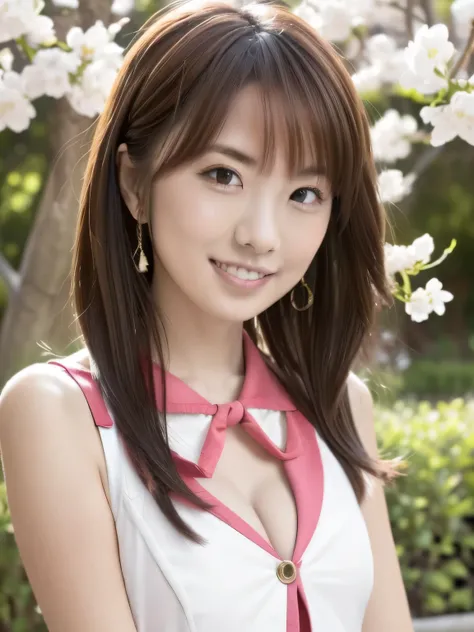 Depict a 20-year-old, very beautiful woman standing under a row of fully bloomed cherry blossom trees. She is dressed in a classic black-and-white sailor-style outfit with a short hem. Her cheeks are slightly flushed, and she is smiling gently, radiating a...