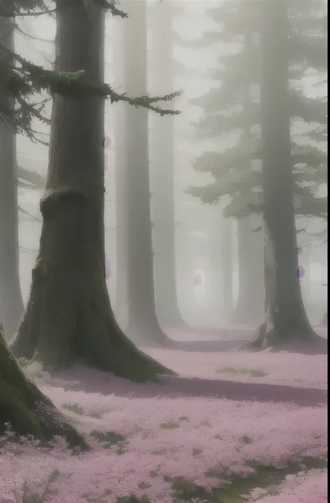 trees in the fog with pink flowers in the foreground, pink forest, extremely beautiful and ethereal, nature and floral aesthetics, beautiful and mysterious, flowers and trees, trees and flowers, 🌺 cgsociety, misty garden, beautiful misty wood, beautiful wi...