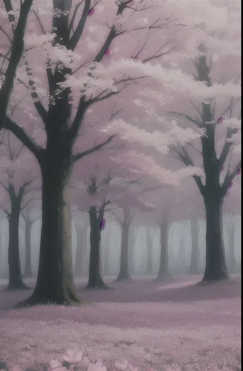 trees in the fog with pink flowers in the foreground, pink forest, extremely beautiful and ethereal, nature and floral aesthetics, beautiful and mysterious, flowers and trees, trees and flowers, 🌺 cgsociety, misty garden, beautiful misty wood, beautiful wi...