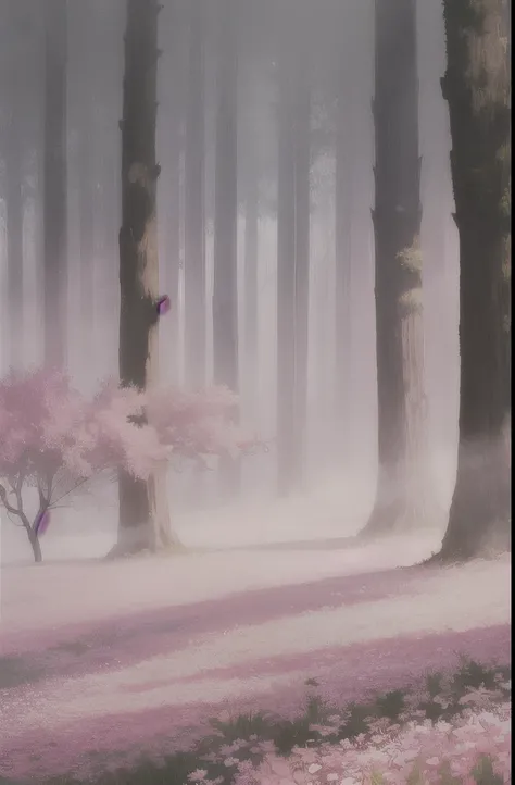 trees in the fog with pink flowers in the foreground, pink forest, extremely beautiful and ethereal, nature and floral aesthetics, beautiful and mysterious, flowers and trees, trees and flowers, 🌺 cgsociety, misty garden, beautiful misty wood, beautiful wi...