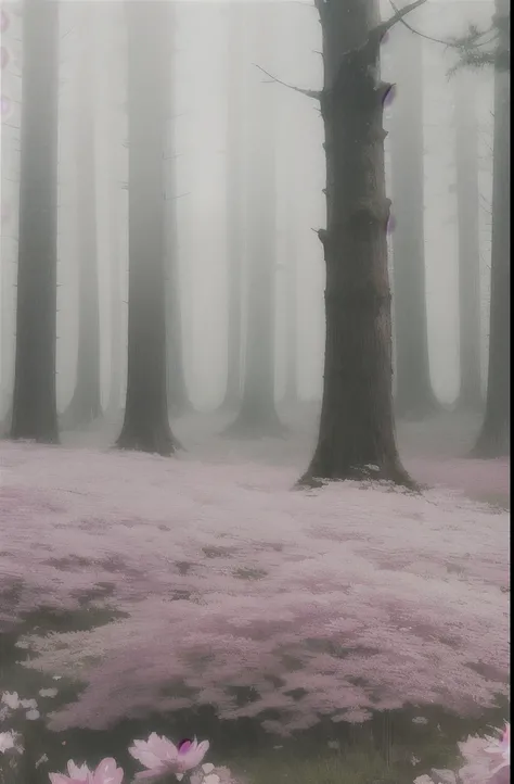 trees in the fog with pink flowers in the foreground, pink forest, extremely beautiful and ethereal, nature and floral aesthetics, beautiful and mysterious, flowers and trees, trees and flowers, 🌺 cgsociety, misty garden, beautiful misty wood, beautiful wi...