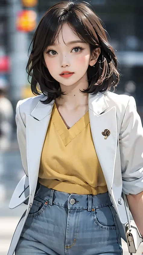 (masterpiece, best quality), beautiful woman, cute printed cropped shirt, jacket, jeans, short wavy hair, headband, asymmetrical bangs, perfect face, beautiful face, alluring, big gorgeous eyes, soft smile, perfect slim fit body, city streets, seoul, brigh...