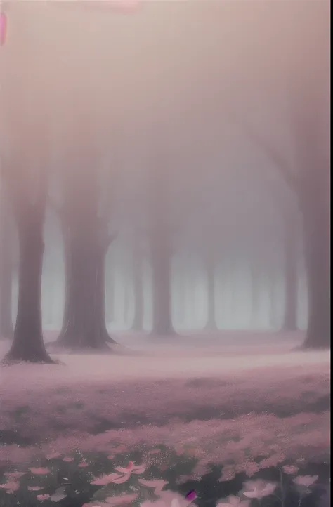 trees in the fog with pink flowers in the foreground, a matte painting by Leng Mei, flickr, romanticism, pink forest, extremely beautiful and ethereal, nature and floral aesthetics, beautiful and mysterious, flowers and trees, trees and flowers, 🌺 cgsociet...