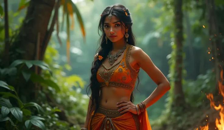 A breathtakingly beautiful young woman, the daughter of a notorious bandit, standing in the heart of a wild jungle. Her traditional Indian attire enhances her charm—she wears a vibrant lehenga choli adorned with intricate embroidery, paired with a flowing ...