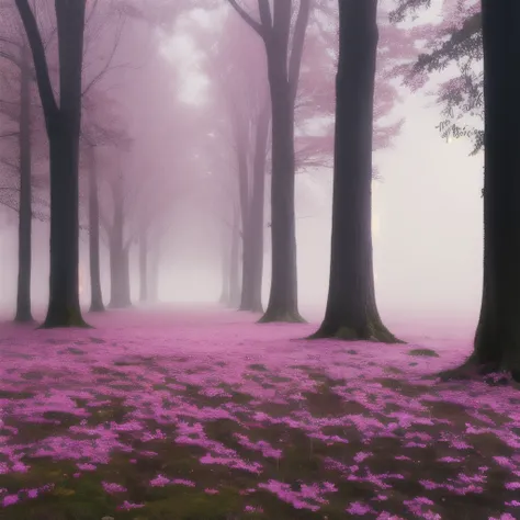 trees in the fog with pink flowers in the foreground, pink forest, extremely beautiful and ethereal, nature and floral aesthetics, beautiful and mysterious, flowers and trees, trees and flowers, 🌺 cgsociety, misty garden, beautiful misty wood, beautiful wi...