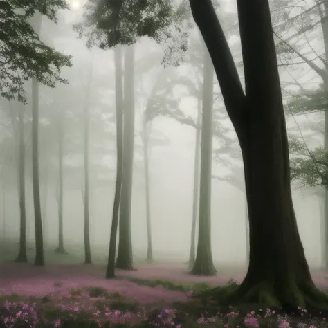 trees in the fog with pink flowers in the foreground, pink forest, extremely beautiful and ethereal, nature and floral aesthetics, beautiful and mysterious, flowers and trees, trees and flowers, 🌺 cgsociety, misty garden, beautiful misty wood, beautiful wi...