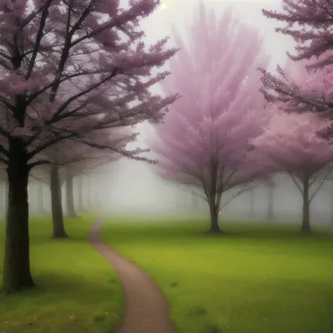 trees in the fog with pink flowers in the foreground, a matte painting by Leng Mei, flickr, romanticism, pink forest, extremely beautiful and ethereal, nature and floral aesthetics, beautiful and mysterious, flowers and trees, trees and flowers, 🌺 cgsociet...