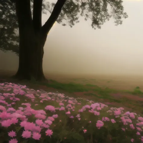 trees in the fog with pink flowers in the foreground, a matte painting by Leng Mei, flickr, romanticism, pink forest, extremely beautiful and ethereal, nature and floral aesthetics, beautiful and mysterious, flowers and trees, trees and flowers, 🌺 cgsociet...