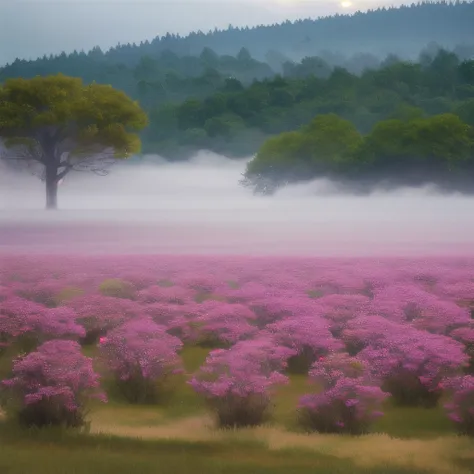 trees in the fog with pink flowers in the foreground, a matte painting by Leng Mei, flickr, romanticism, pink forest, extremely beautiful and ethereal, nature and floral aesthetics, beautiful and mysterious, flowers and trees, trees and flowers, 🌺 cgsociet...