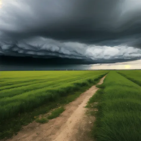 a green field with a line of grass under a dark sky, during a storm, stormy atmosphere, beautiful and ominous, gloomy weather. high quality, storm clouds, stormclouds, bad weather approaching, storm weather, stormy weather, menacing atmosphere, stormy day,...