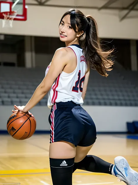 A young female basketball player executing a dynamic jump shot with precision and grace. The basketball is held firmly in both hands as she aims for the hoop, her form exuding confidence and mastery. Her slim-fit basketball uniform highlights her athletic ...