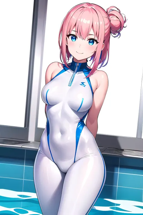 1girl,Samus aran,solo,blue eyes, pink hair, forehead hair, Colorful glossy Blue body suit, white sneakers, messy bun, bright blue pool, relaxed smile, legs crossed,(cowboy shot:1.2),blush,,ultra-detailed, sharp focus,aesthetic,(best quality), (white backgr...