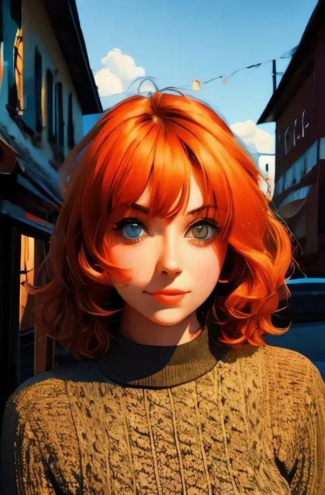 Photorealistic photo of young ginger woman wondering in old market i Tailand, soft smile, art by midjorney, luminism, ultimate intricate shadow - light contrast, IPA award wining masterpiece, artistic lens, warm colors, art by Tim Burton