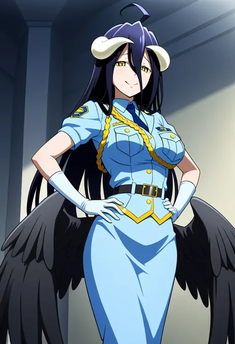 Albedo a female character in overlord anime, wearing a police dress, standing, gave a little smile, masterpice.