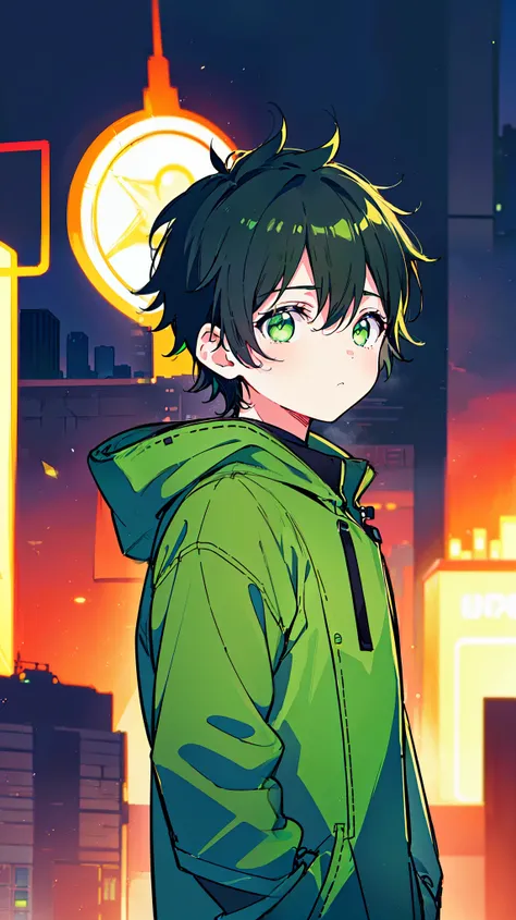 [(CITYPOP BACKGROUND:1.5),::5], (((masterpiece))), high quality, ultra_very_high_resolution, large_filesize, ((upper body)), (green base), full color, (solo), ((little younger boy)), ((men's black short hair)), green eyes, retro anime, neon light, black pa...