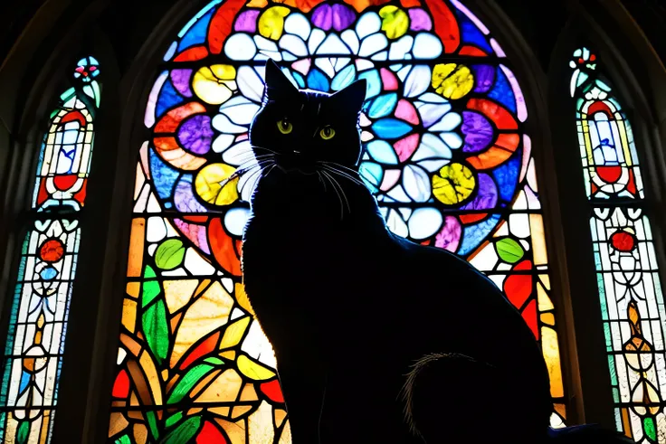 araffe silhouette of a cat in front of a stained glass window, a mosaic by Jon Coffelt, pixabay contest winner, art nouveau, on a stained glass window, maxim verehin stained glass, backlit stained glass, cat silhouette, stained glass art, stained glass, st...