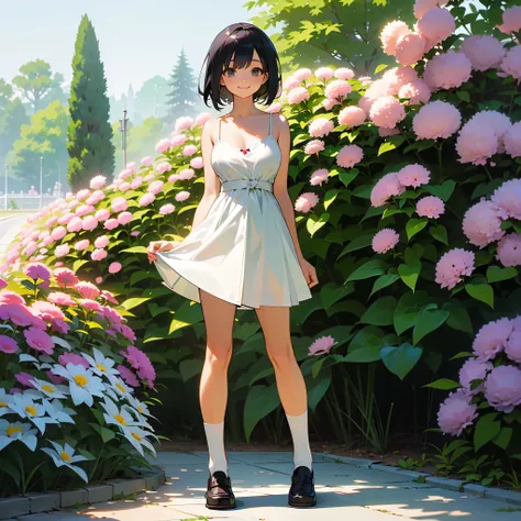 ( High Quality ,  high resolution, Very detailed, reality:1.37), Peaceful atmosphere, (Outdoors, garden),  teenage girl standing alone, (My breasts are large.), Beautiful details,  cute smile, ( black bob hair),  white camisole dress, White socks,  loafers...