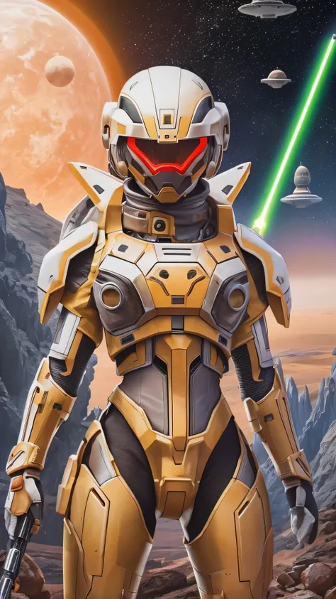 in high definition,Alien planet in space 、Yellow sky and red earth 、 Asian woman between the North Star and the Big Dipper、White Armored Suit。Red Armor、 scene where you fight aliens with a lightsaber、Fighting surrounded by aliens in a desolate wilderness。