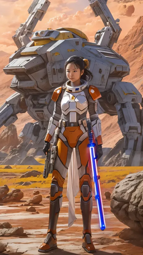 in high definition,Alien planet in space 、Yellow sky and red earth 、 Asian woman between the North Star and the Big Dipper、White Armored Suit。Red Armor、 scene where you fight aliens with a lightsaber、Fighting surrounded by aliens in a desolate wilderness。