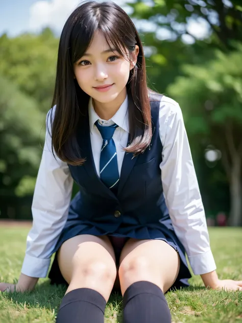 (Best quality, Masterpiece, Ultra High Resolution, (Photorealistic:1.4), Raw-Photo, depth of field, professional lighting), (at beautiful park, beautiful trees, beautiful sky), (((from below))), 1girl, 15-years-old, most famous Japanese idol, (sitting with...